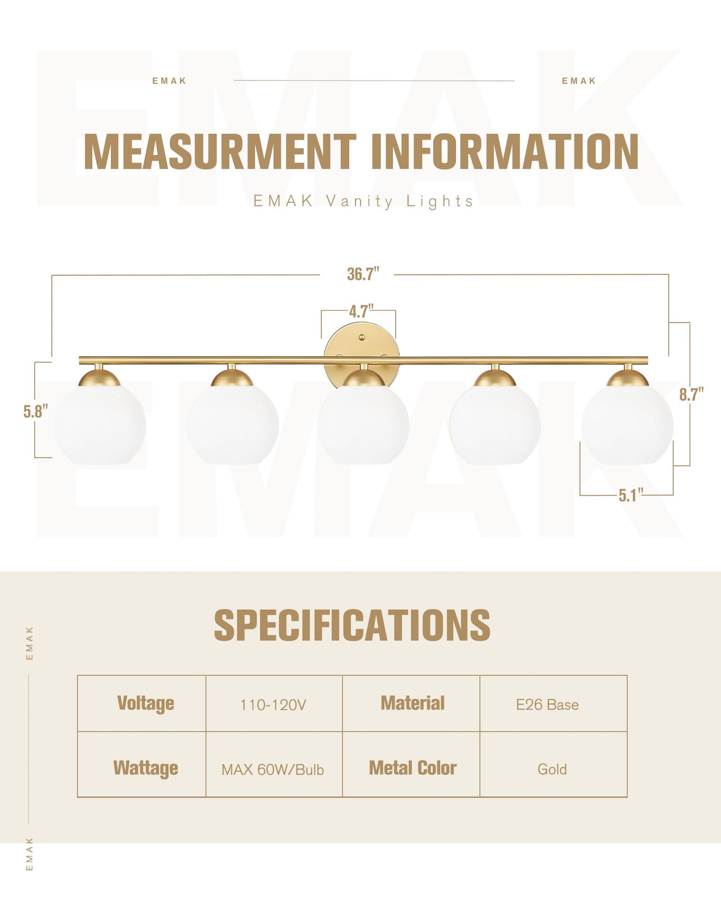 Emak 37 Inch Globe Bathroom Lighting Fixtures Over Mirror  Gold Vanity Lights With Milk Glass Shade  Modern 5-Light Bathroom Vanity Light For Mirror  Vl114-Gd-Ml-5