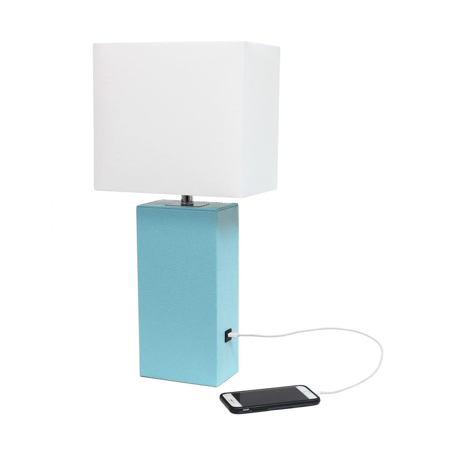 Lalia Home Bedside Table Lamp with USB Charging Port, 21in Aqua Leather Base, White Fabric Shade, Model 1270-LHT-3012-AU