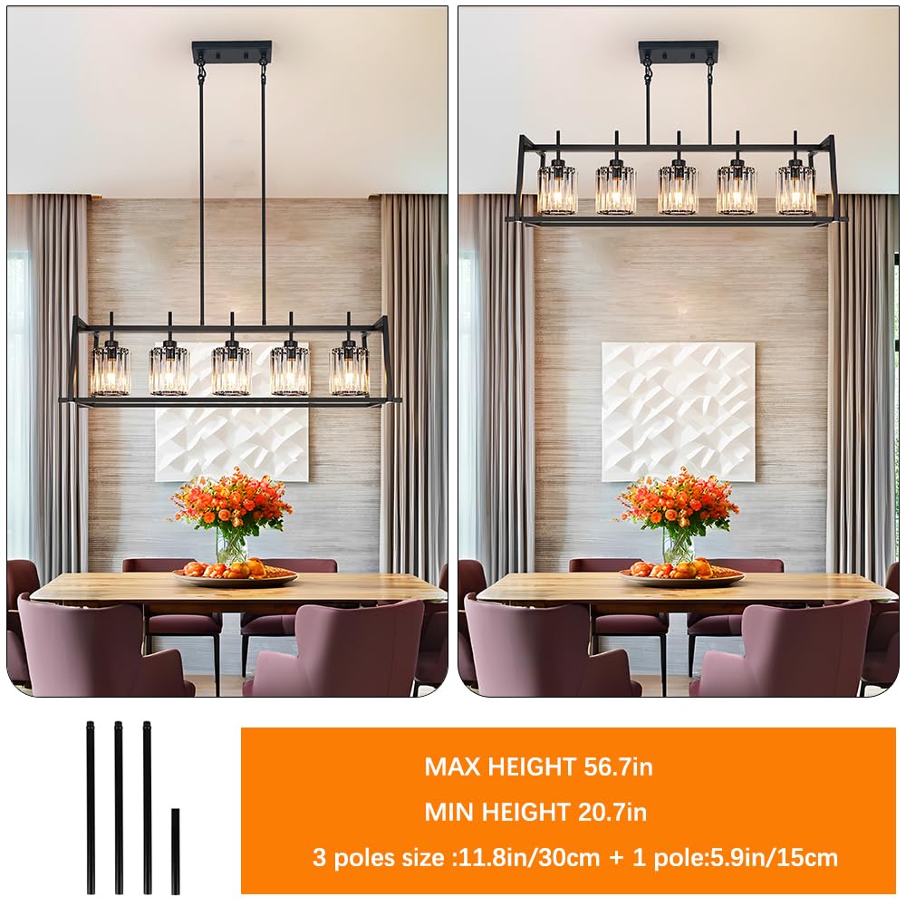 Dsmjfu Black Farmhouse Rectangular Chandelier For Dining Room  5-Light Linear Pendant Lighting  Rectangular Kitchen Island Light With Crystal Shades  Adjustable Height Rectangle Hanging Lighting