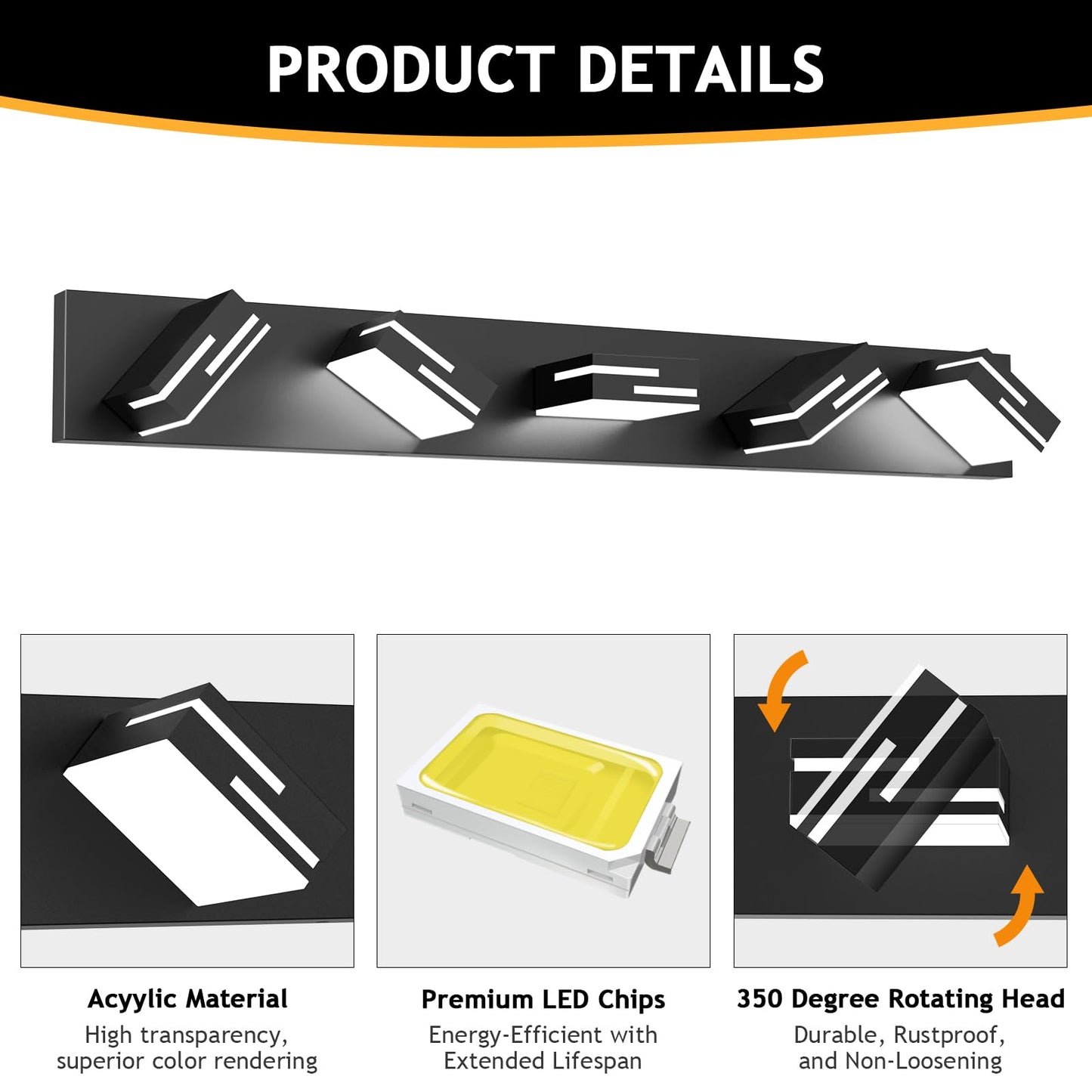 Lkhf Led Modern Bathroom Vanity Light Fixtures 5-Light 5Cct Dimmable Matte Black Vanity Lights For Bathroom Lighting Fixtures Over Mirror  With 350?Rotatable Acrylic Heads  34-Inch