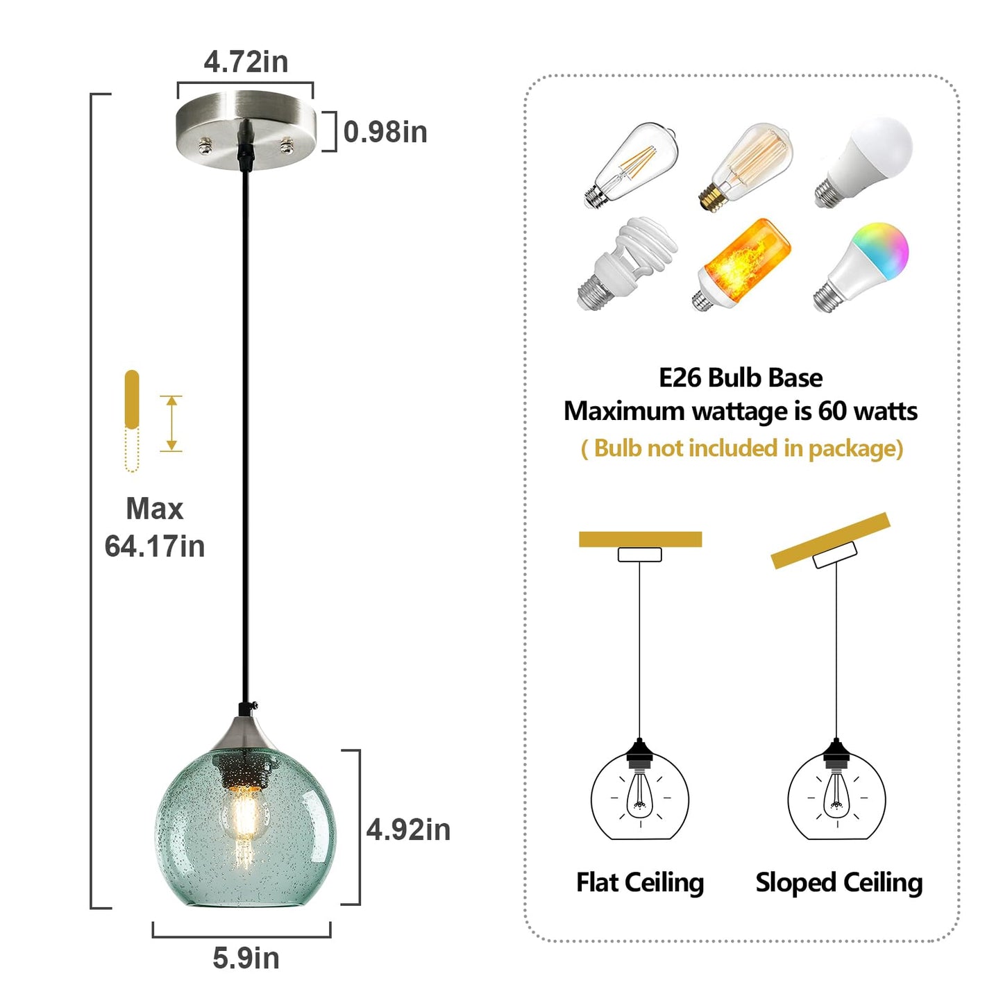 Lbsqj Light Green Glass Pendant Lights Kitchen Island Globe Pendant Light Fixtures Modern Pendant Lighting For Bedroom Living Dining Room Light Fixture (5.9 In  3 Pack)