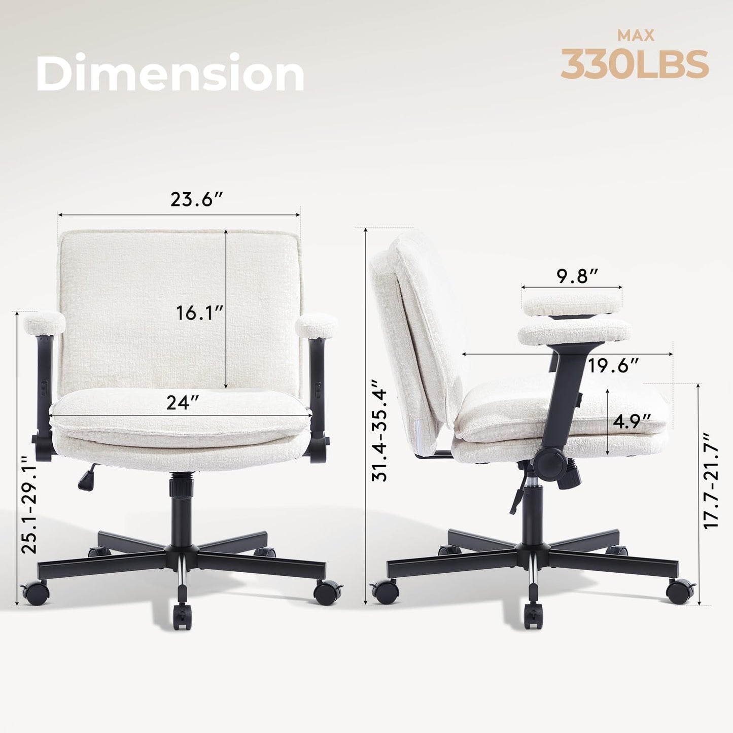 Morkprism Criss Cross Chair with Flip-Up Arms and Lockable Wheels, Plush Fabric Cross Legged Office Desk Chair，Wider 125°Tilting Adjustable Swivel Chai r for Home, Apartment, Bedroom,Pearl White