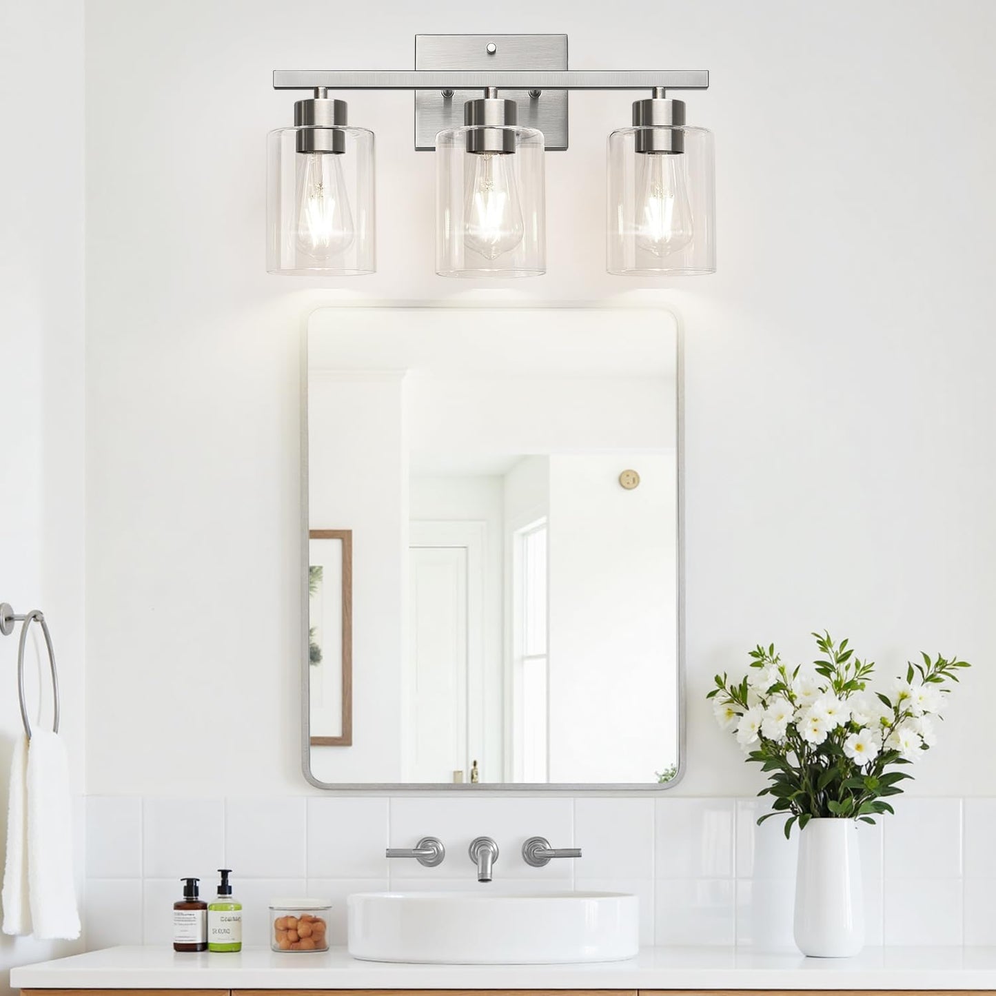 Meybiok 3-Light Bathroom Light Fixtures  Brushed Nickel Vanity Lights  Bathroom Lighting With Clear Glass Shade  Vanity Lighting Fixtures For Mirror Kitchen Bedroom Hallway Living Room