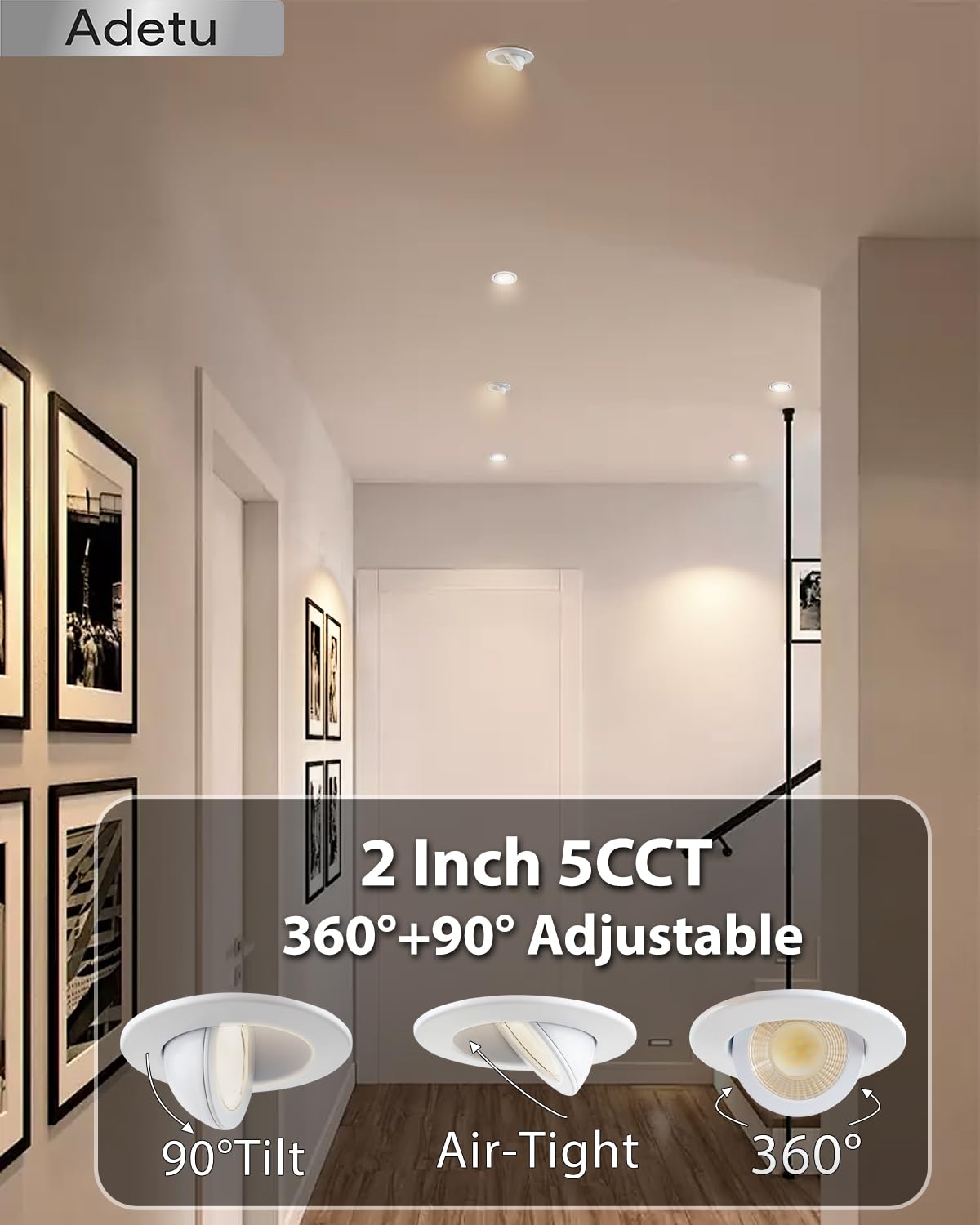 Adetu 2 Inch 5Cct Gimbal Led Recessed Lighting With Junction Box  360?90?Adjustable Recessed Can Lights  2700K/3000K/3500K/4000K/5000K Selectable  5W Eqv 50W  550Lm Brightness - Etl (White 12 Pack)
