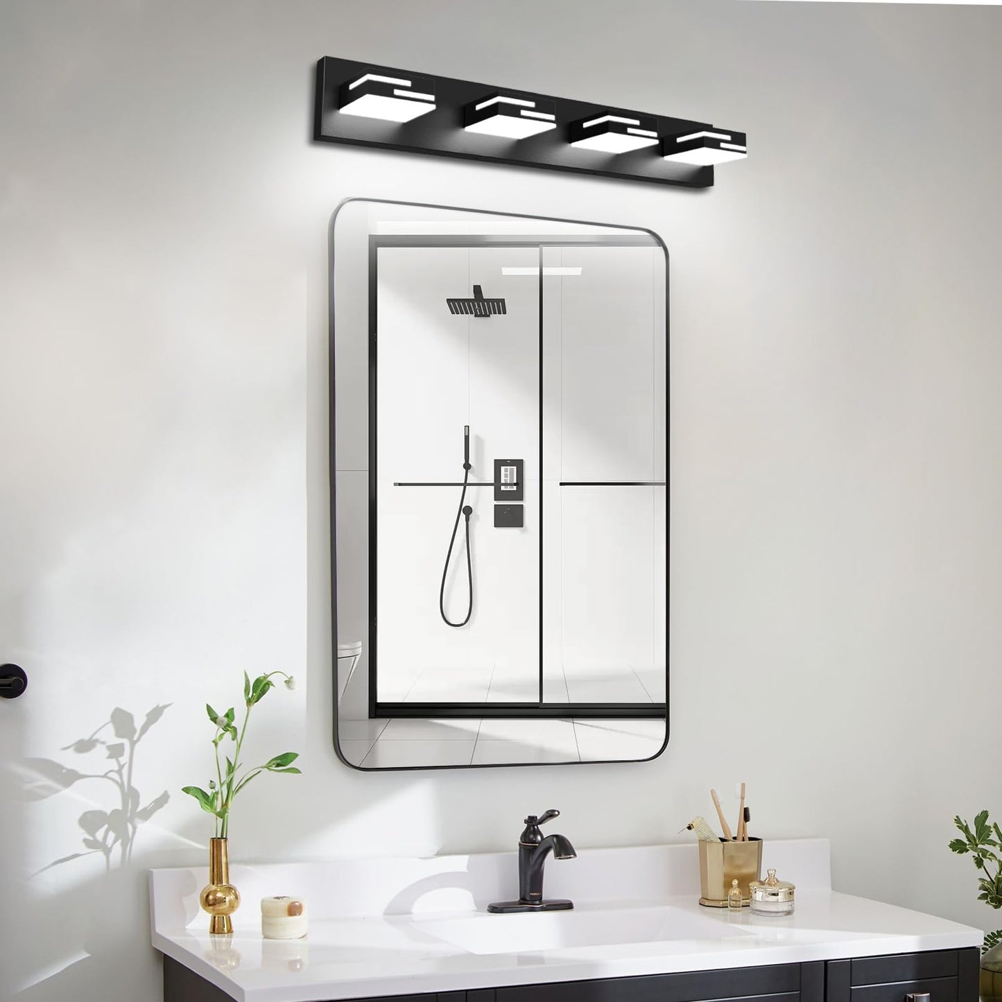 Lkhf Led Modern Bathroom Vanity Light Fixtures 4-Light 5Cct Dimmable Matte Black Vanity Lights For Bathroom Lighting Fixtures Over Mirror  With 350?Rotatable Acrylic Heads  28-Inch