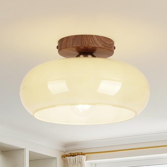 Clarsyne Mid Century Modern Schoolhouse Semi Flush Mount Ceiling Light  Cream Glass Lamp With Wood Grain Metal Base  Rustic Farmhouse Lighting Fixture For Bedroom  Hallway  Dining  Living  Entryway