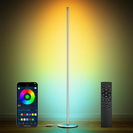 Luckystyle Smart Rgb Corner Floor Lamp Bright Led Tall Modern Floor Lamp With App And Remote Ambient Lighting Color Changing Standing Lamps With Music Mode And Timing For Living Room Bedroom Silver
