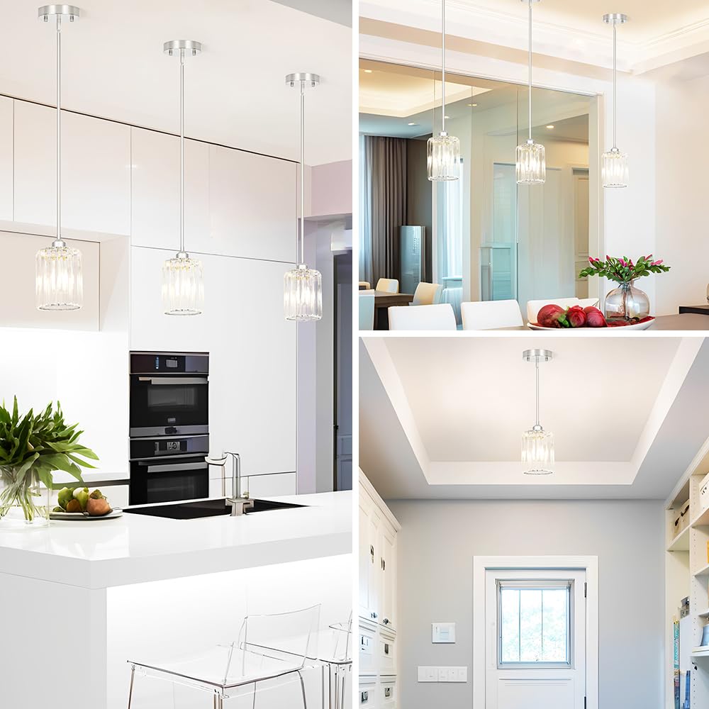 Chrome Kitchen Pendant Lights Over Island With Adjustable Rods - Crystal Pendant Lighting Fixtures For Sloped Ceiling  Ideal Over Dining Table Or Bar  E26 Bulb Compatible  No Electrician Needed