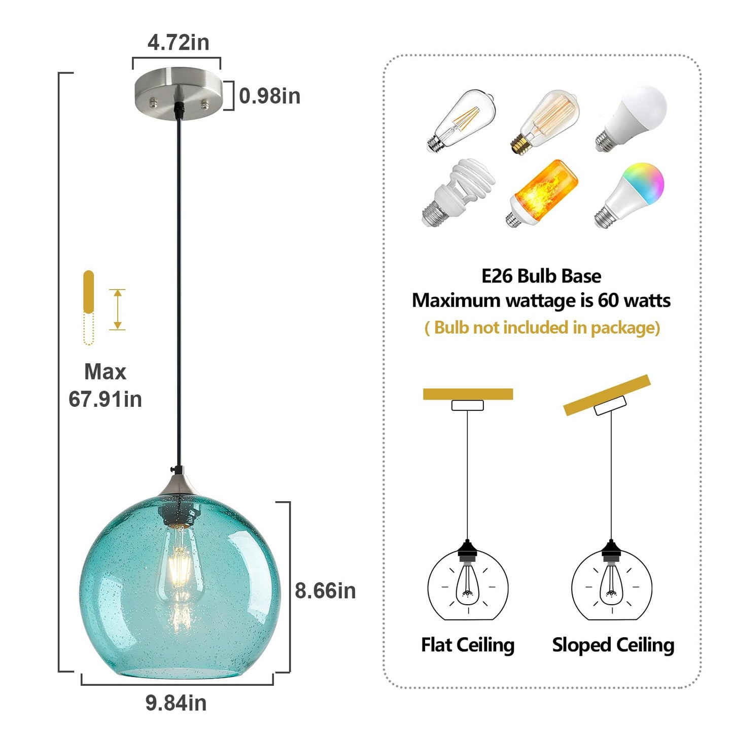 Lbsqj Light Blue Glass Pendant Lights Kitchen Island Globe Pendant Light Fixtures Modern Pendant Lighting For Bedroom Living Dining Room Light Fixture (9.84 In  1 Pack)