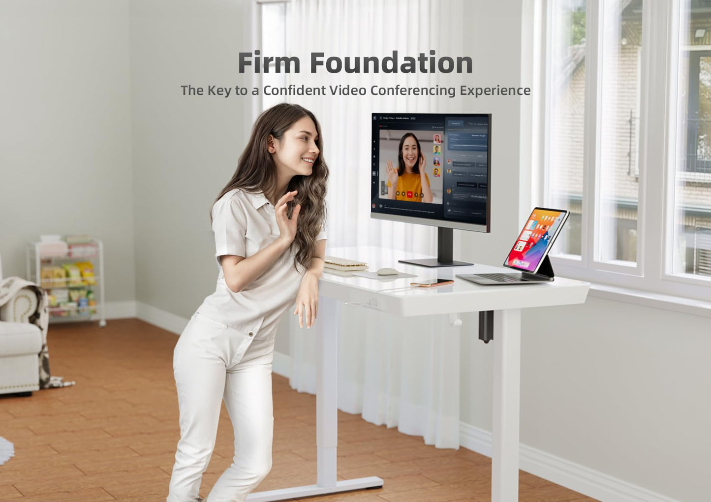 YDN Glass Standing Desk with Drawers, 48 x 24 Inch Electric Stand Up Desk with USB Ports, Adjustable Height for Home Office, White