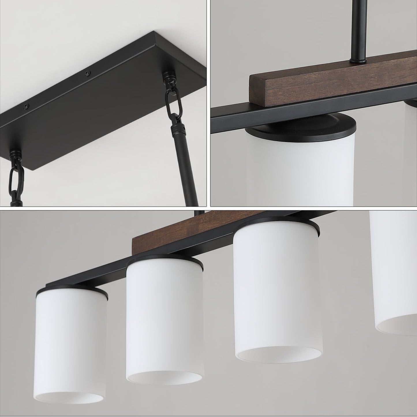 Mecgirn Farmhouse Dining Room Light Fixtures Over Table  Black Pendant Lights For Kitchen Island With Milk Glass Shade  5 Light Linear Chandelier Lighting With Wood