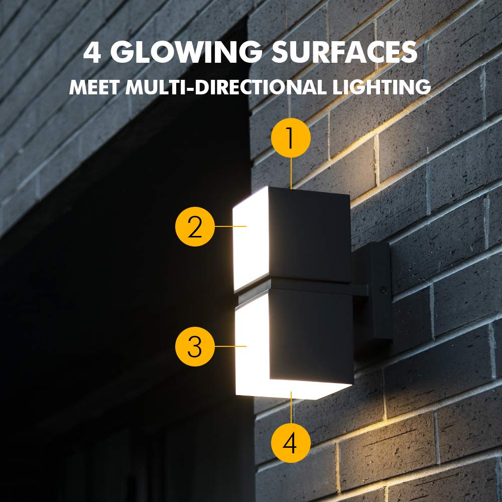 LUTEC LED Porch Wall Light Sconce, 3000K, 1100LM, Aluminum, Square, Black, Model: amzn.gr.5193805012-6PFYrD