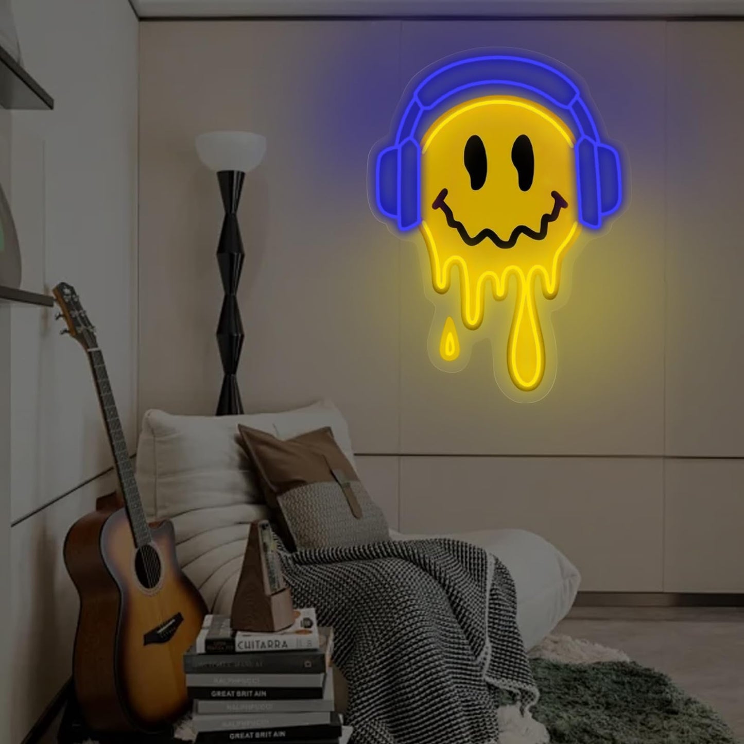 Melting Smile Face With Headphone Neon Sign For Wall Decor Neon Smile Light Signs For Kids Room Bar Party Bedroom Decor Lamp Personalized Gifts Kids Room  Wedding Decoration  Holiday Gift-Blue