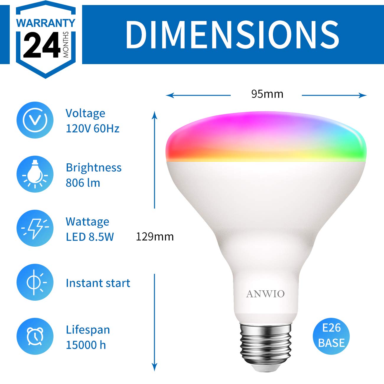 ANWIO Smart Light Bulb BR30 RGB LED WiFi Dimmable 8.5W, Compatible with Alexa & Google Assistant, 4 Pack