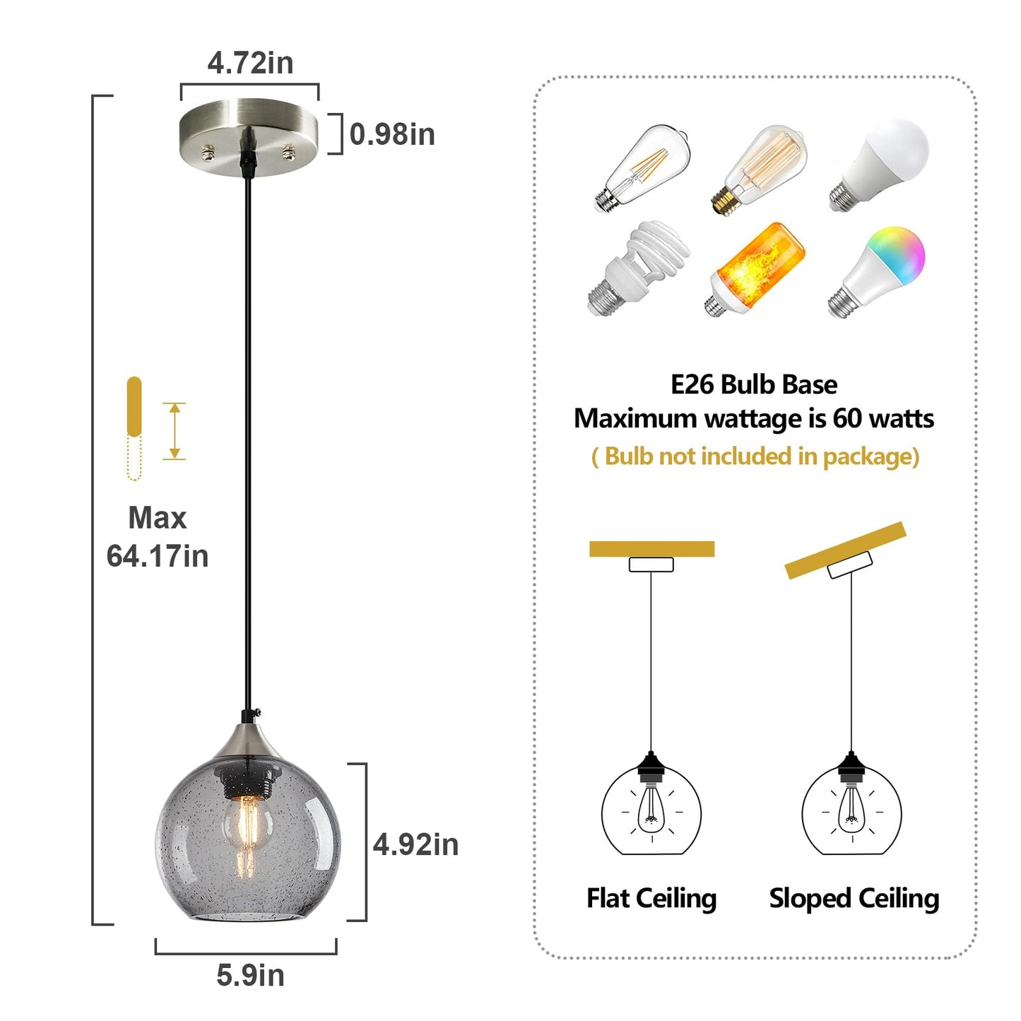 Lbsqj Light Grey Glass Pendant Lights Kitchen Island Globe Pendant Light Fixtures Modern Pendant Lighting For Bedroom Living Dining Room Light Fixture (5.9 In  1 Pack)