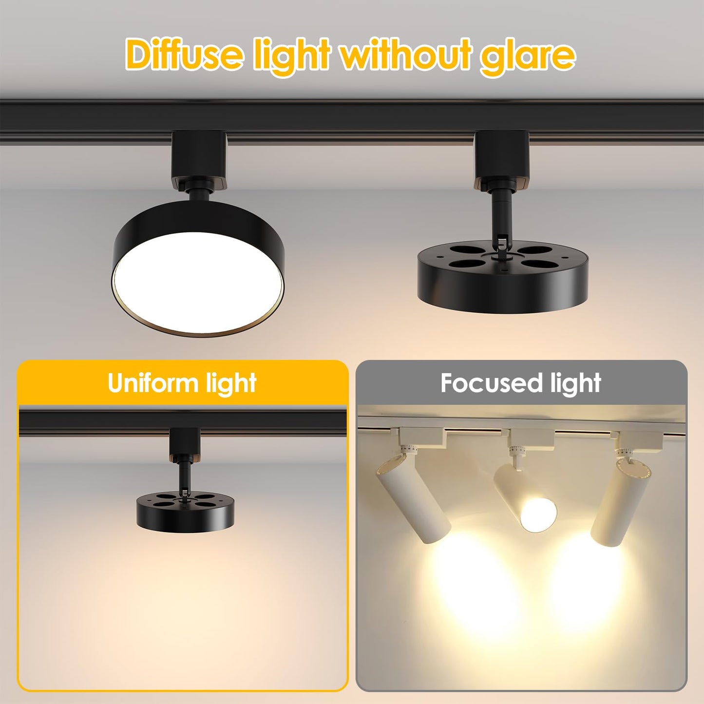 Tuyubee Diffuse Led Track Lighting Heads H Type Track Light Heads Dimmable Kitchen Track Lighting Fixtures Ceiling  Compatible With H Track Rails - Flicker Free Cri90+ 3000K 12W 1000Lm  4 Pack Black