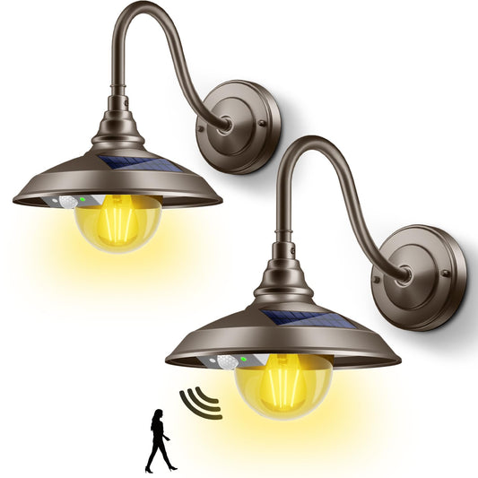 Siedinlar Solar Barn Light Outdoor 3 Modes 2 Lighting  Aluminum Vintage Farmhouse Gooseneck Wall Light Waterproof With Remote & Motion Sensor For Barn Garage Shed Chicken Coop Dark Bronze (2 Pack)