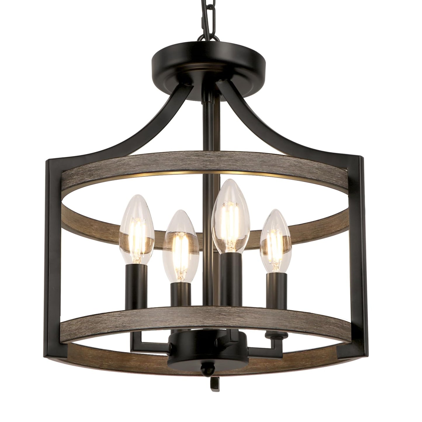 Wbindx 4-Light Farmhouse Chandelier  Rustic Metal Hanging Pendant Lighting  Convertible Semi Flush Mount Ceiling Light Fixture Faux Wood Black Chandeliers For Dining Room Kitchen Foyer Entryway