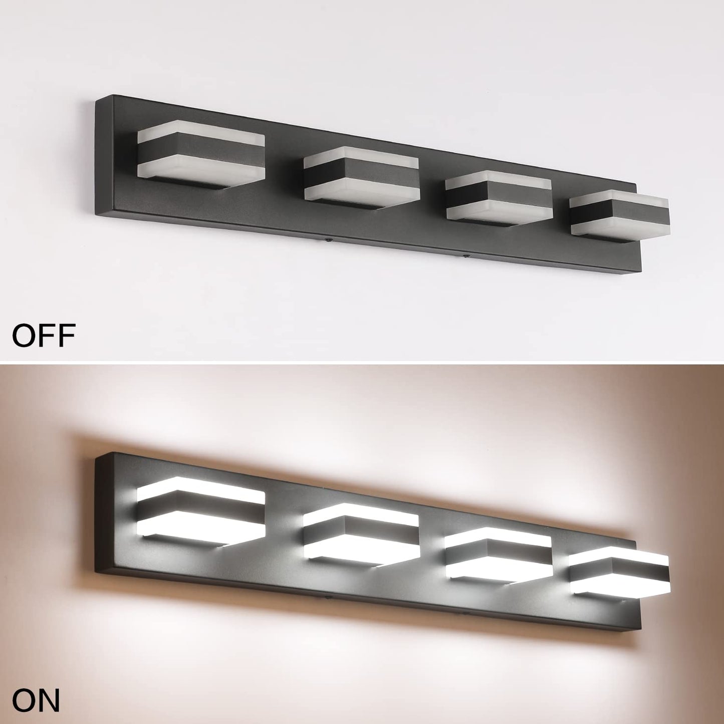 SOLFART LED Bathroom Vanity Lights 4 Lights Acrylic Shade Matt Black 29.5 Inch Model S8568-4T-6000K-ND