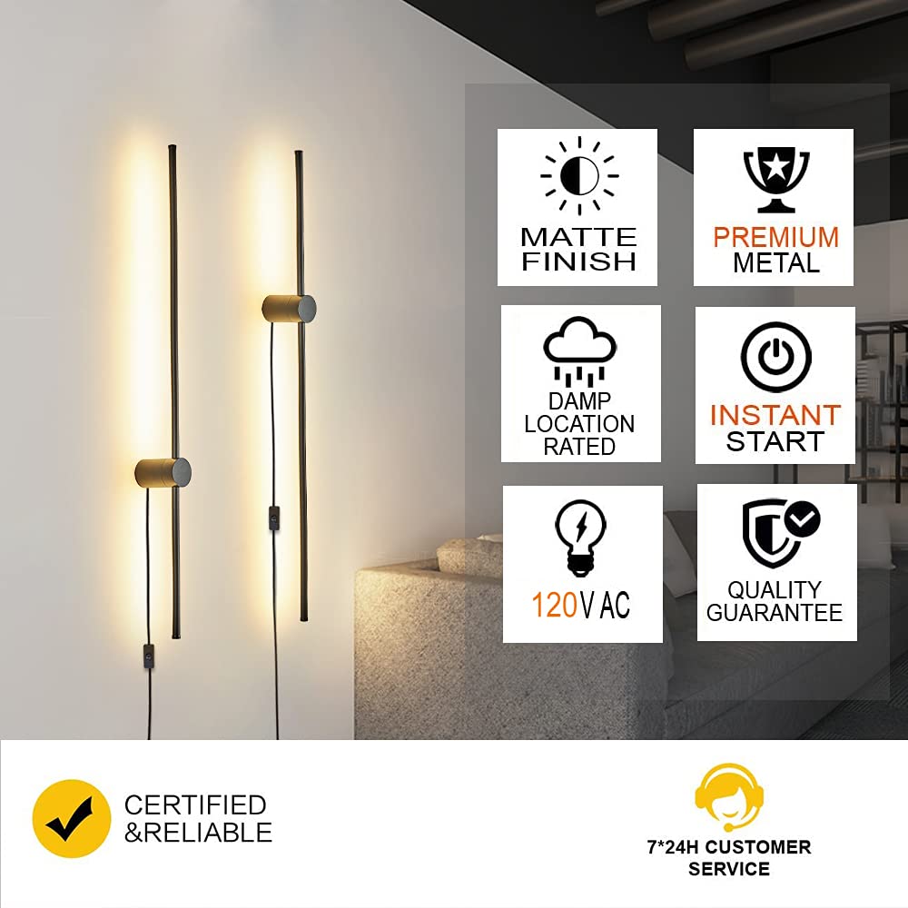Ditoon Modern Wall Sconces Set of Two, Gold Plug-in LED Light, RC Dimmable, Aluminum, 39.4in Brass, Model DI2316JA100x2d