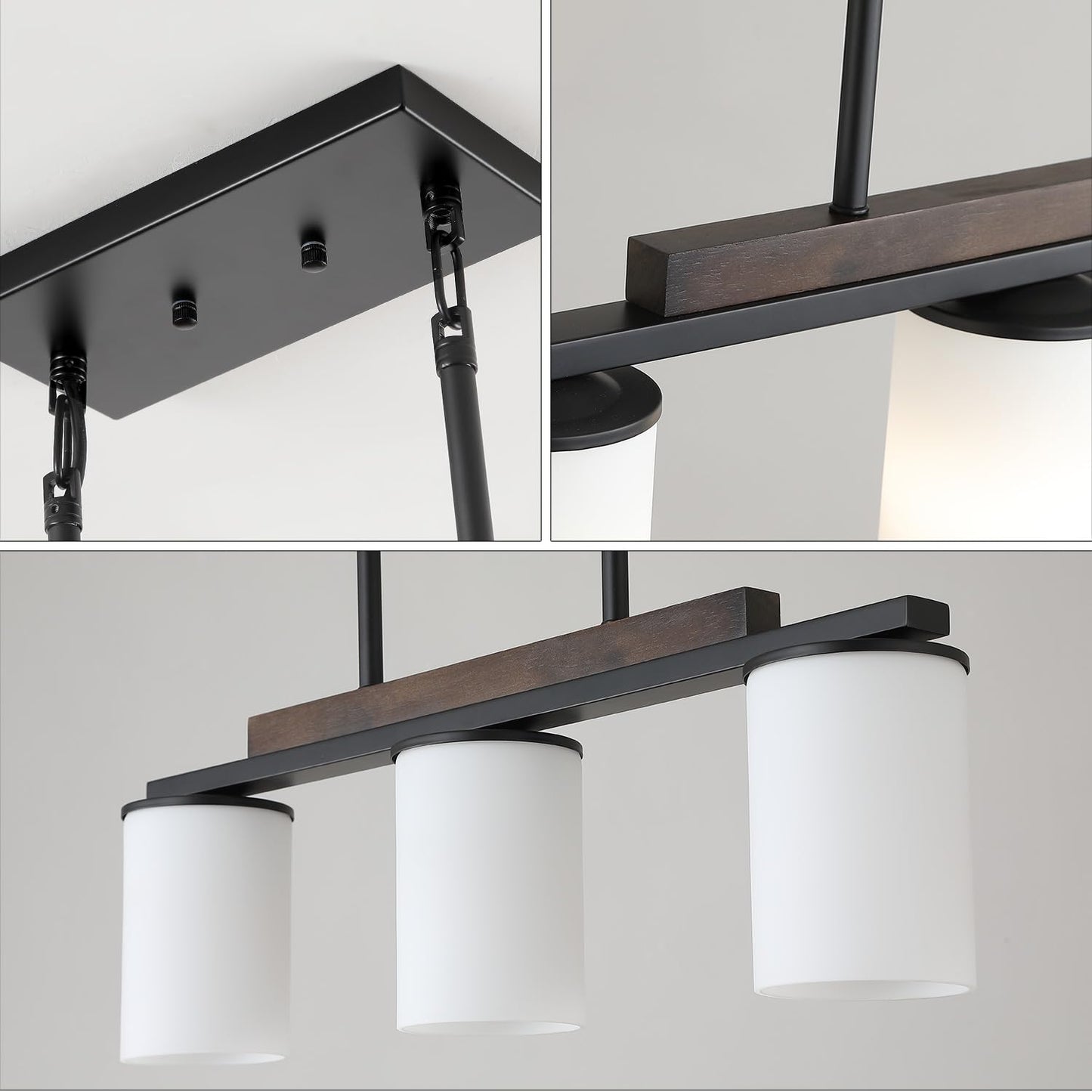 Mecgirn Farmhouse Dining Room Light Fixtures Over Table  Black Pendant Lights For Kitchen Island With Milk Glass Shade  3 Light Linear Chandelier Lighting With Wood