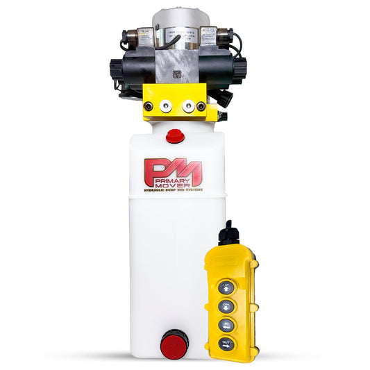 Primary Mover Hydraulic Pump for Dump Trailer - Dual Double 12Vdc Hydraulic Power Units - Dump Trailer Pump Poly Reservoir with 4 Button Remote Controller (8 Quart)