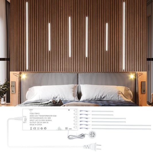 Cubitor Led Recessed Lighting Kit 6 Pack Self-Adhesive Cob Led Light Bar  Cold White 6000K  With Touching Switch  For Wood Slat Wall Panels Headboards Home Decor.Silver Channel 2Pcs*(16In+24In+40In)