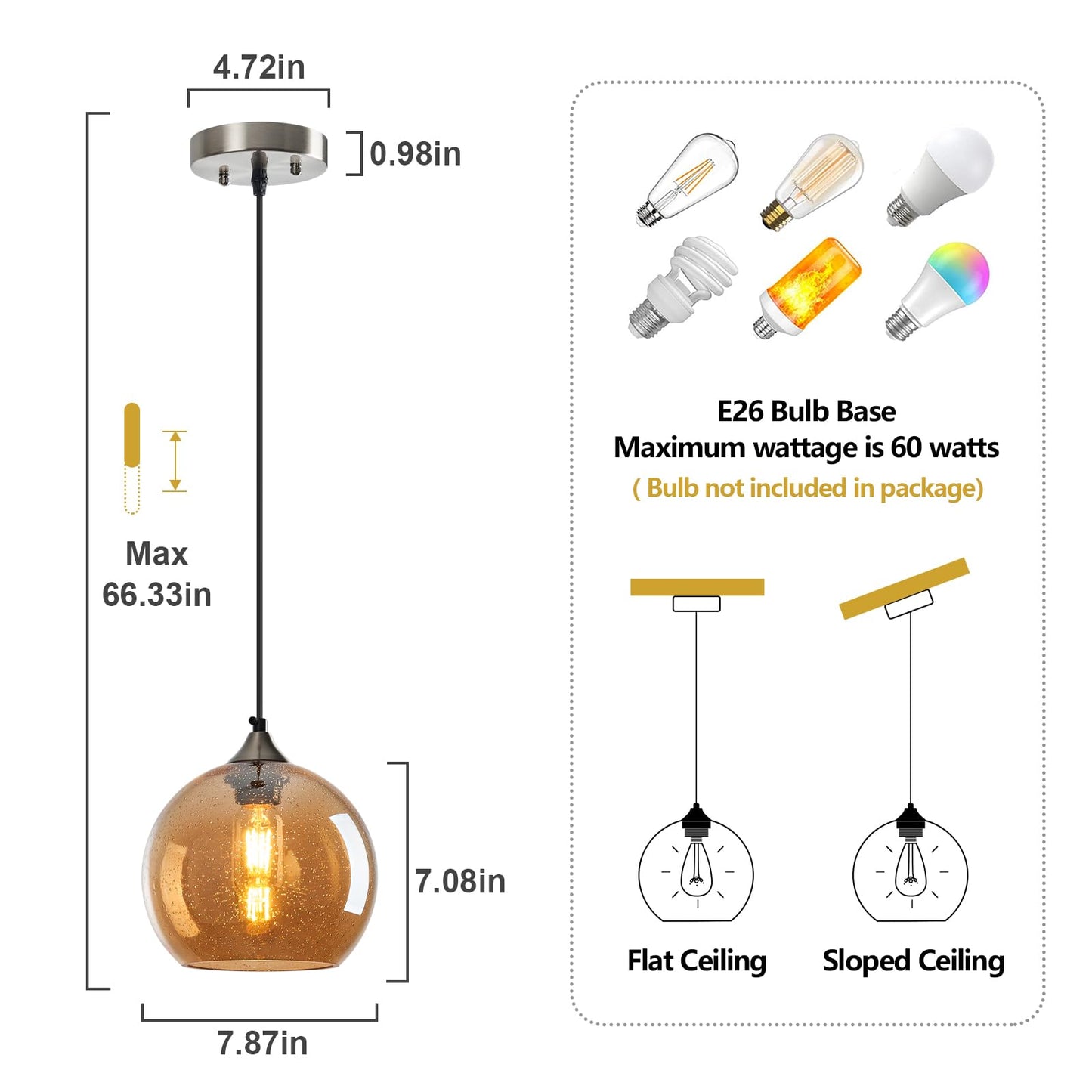 Lbsqj Amber Glass Pendant Lights Kitchen Island Lighting Globe Pendant Light Fixtures Modern Pendant Lighting For Bedroom Living Dining Room Light Fixture (7.87 In  1 Pack)