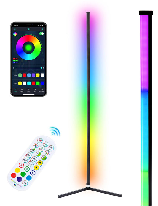 WISIMMALL RGB Corner Floor Lamp, Bluetooth Control, Music Sync, 64.5in Plastic, 398 Dimmable Modes, Color Changing