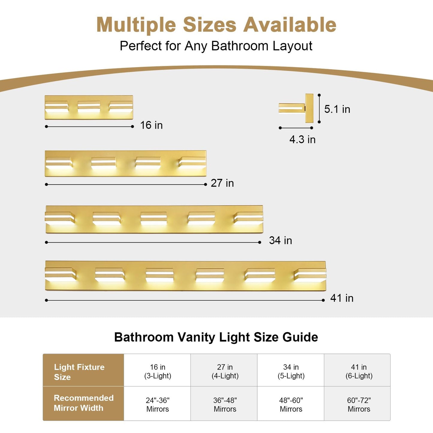 Jzekvn Modern Led Bathroom Lights Fixtures(3-Light) Metal Gold Acrylic Wall Lighting Vanity Lights For Bathroom Over Mirror 6000K 16In
