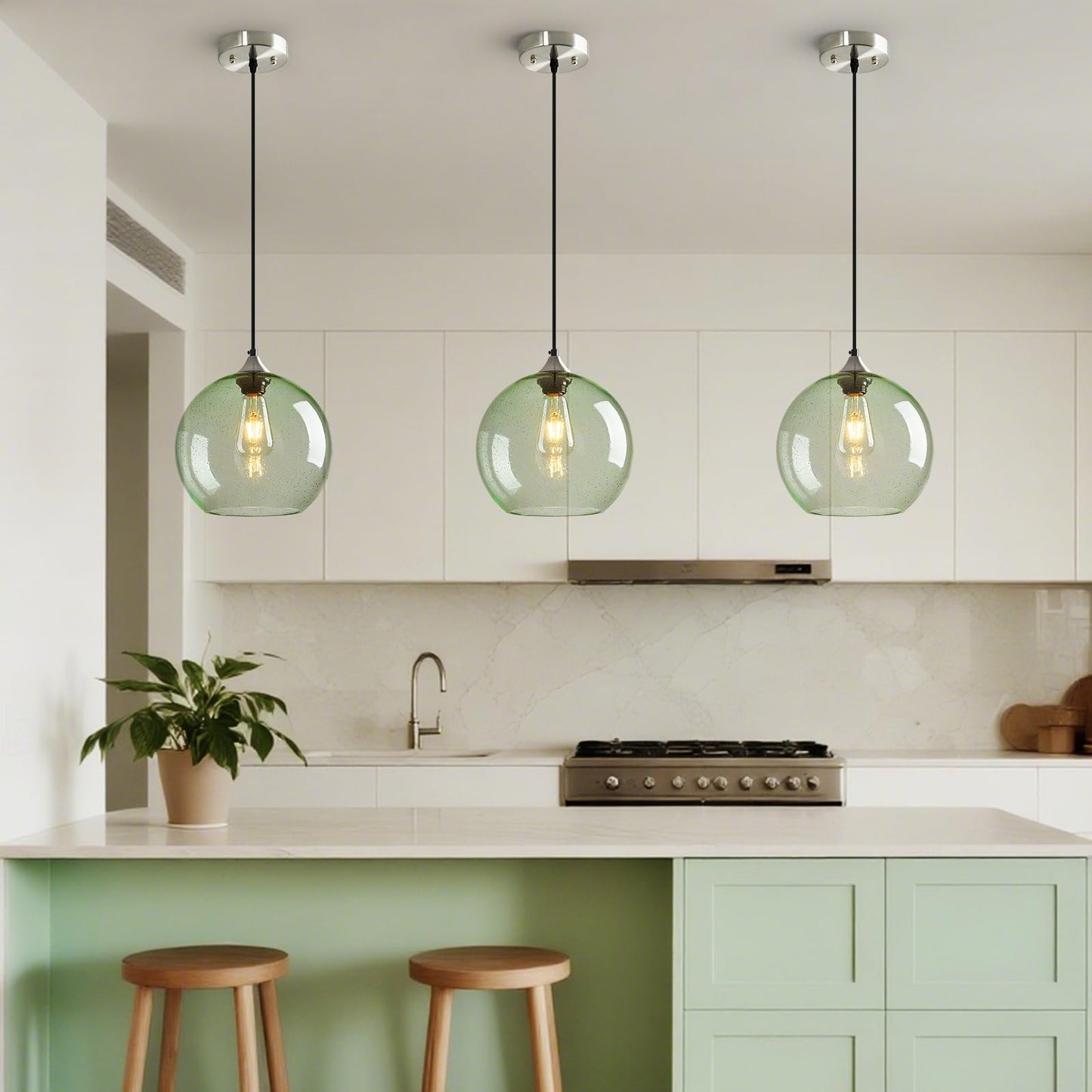 Lbsqj Light Green Glass Pendant Lights Kitchen Island Globe Pendant Light Fixtures Modern Pendant Lighting For Bedroom Living Dining Room Light Fixture (9.84 In  2 Pack)