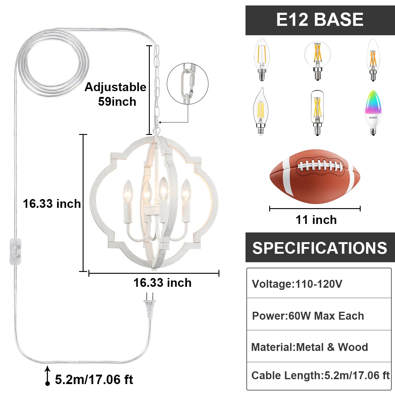 Lasenchoo Plug In White Farmhouse Chandelier Lighting With Long Cord  4-Light Hanging Light Fixture Plug In Pendant Light For Ceiling  Wood Rustic Geometric Chandeliers For Dining Room Gazebo Outdoor