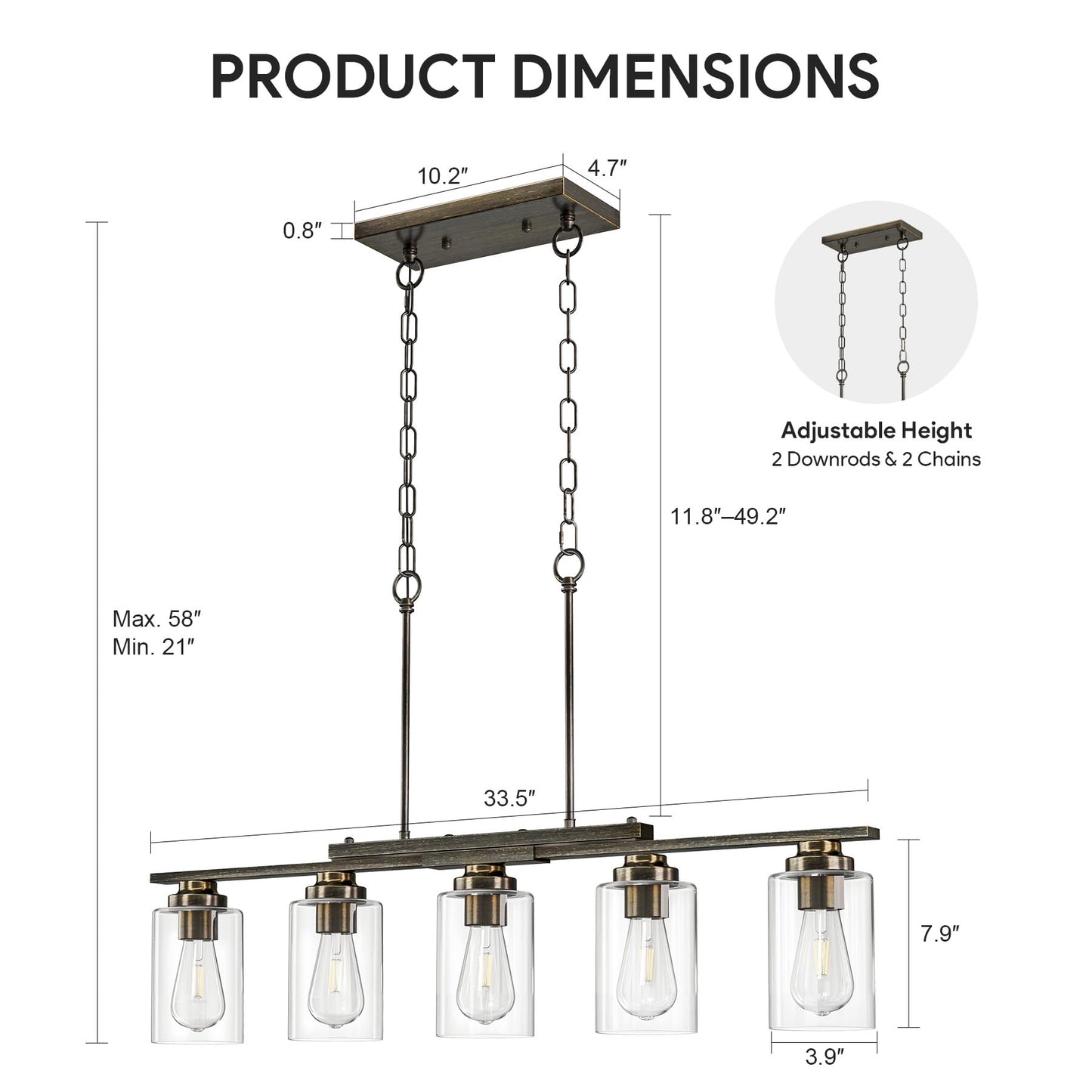 Vonluce Kitchen Island Lighting  5-Light Dining Room Light Fixture Over Table With Glass Shade And Adjustable Rods  Farmhouse Linear Chandelier For Kitchen Living Room  Antique Black  Etl Certificated