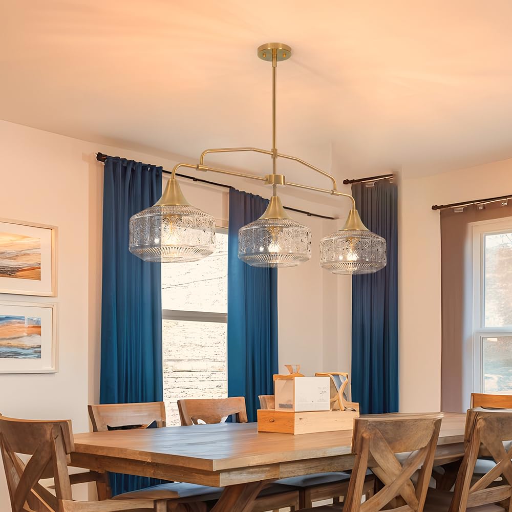 Farmhouse 3-Light Adjustable Kitchen Island Lighting With Clear Glass Shades  Brass Gold Finish Pendant Lights For Dining Room Table  Industrial Island Lights Chandelier For Modern Home Decor