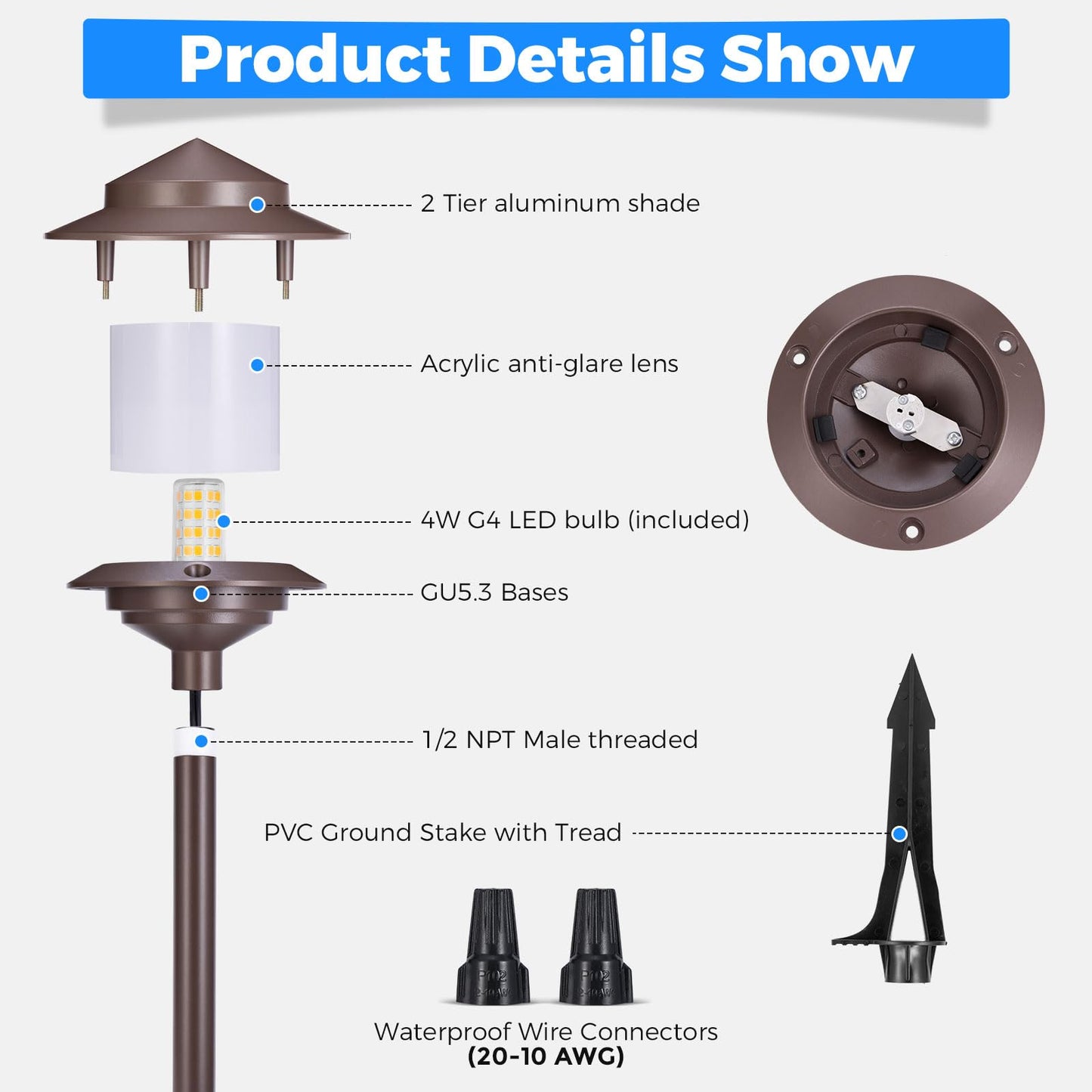Gardencoin Pagoda Low Voltage Landscape Pathway Lights  12V Outdoor Led Path Lights Wired  Aluminum Walkway Lighting With 4W 2700K Replaceable G4 Bulb  Bronze Classic 2-Tier Lantern  6 Pack