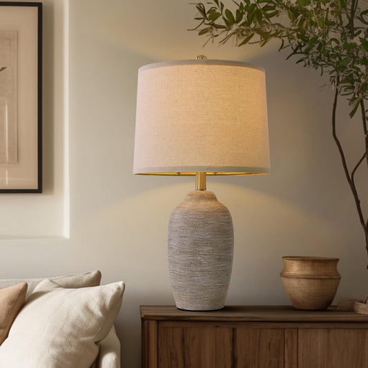Usumkky 24.5  Handcrafted Ceramic Table Lamp - Single Farmhouse Vintage Rustic Bedside Lighting For Living Room  Bedroom  Entryway | Nightstand & End Table Decor With Linen Shade (Bulb Not Included)