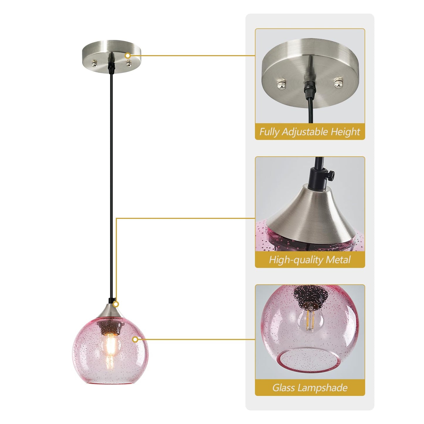 Lbsqj Pink Glass Pendant Lights Kitchen Island Globe Pendant Light Fixtures Modern Pendant Lighting For Bedroom Living Dining Room Light Fixture (5.9 In  2 Pack)