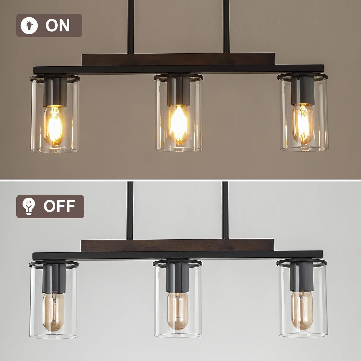 Mecgirn Farmhouse Dining Room Light Fixtures Over Table  Black Pendant Lights For Kitchen Island  3 Light Linear Chandelier Lighting With Wood