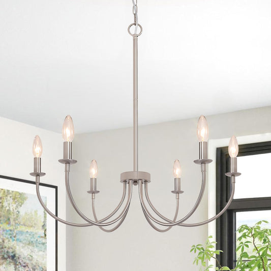 Puyveyor 6-Light Farmhouse Chandelier  Chandeliers For Dining Room Lighting Fixtures Hanging  Brushed Nickel Modern Candle Chandeliers For Living Room Foyer Kitchen Entryway