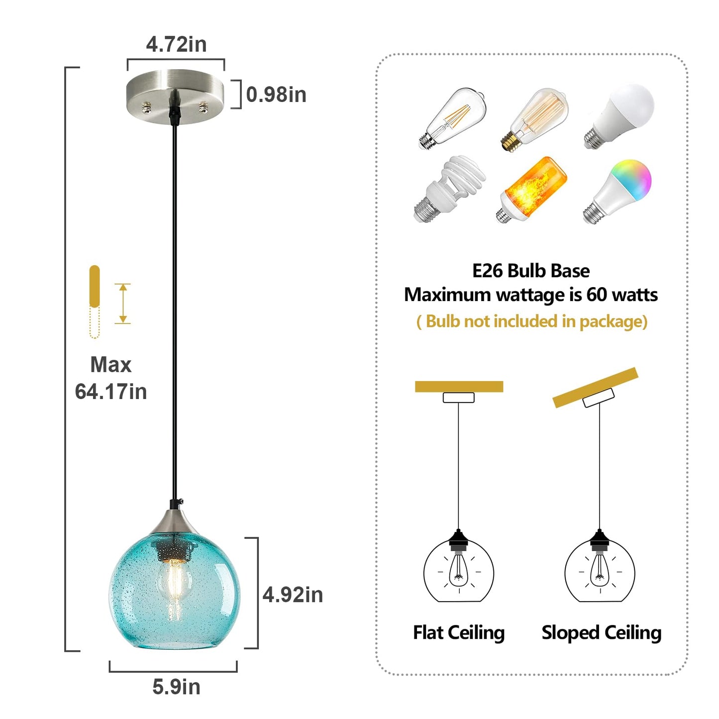 Lbsqj Light Blue Glass Pendant Lights Kitchen Island Globe Pendant Light Fixtures Modern Pendant Lighting For Bedroom Living Dining Room Light Fixture (5.9 In  2 Pack)