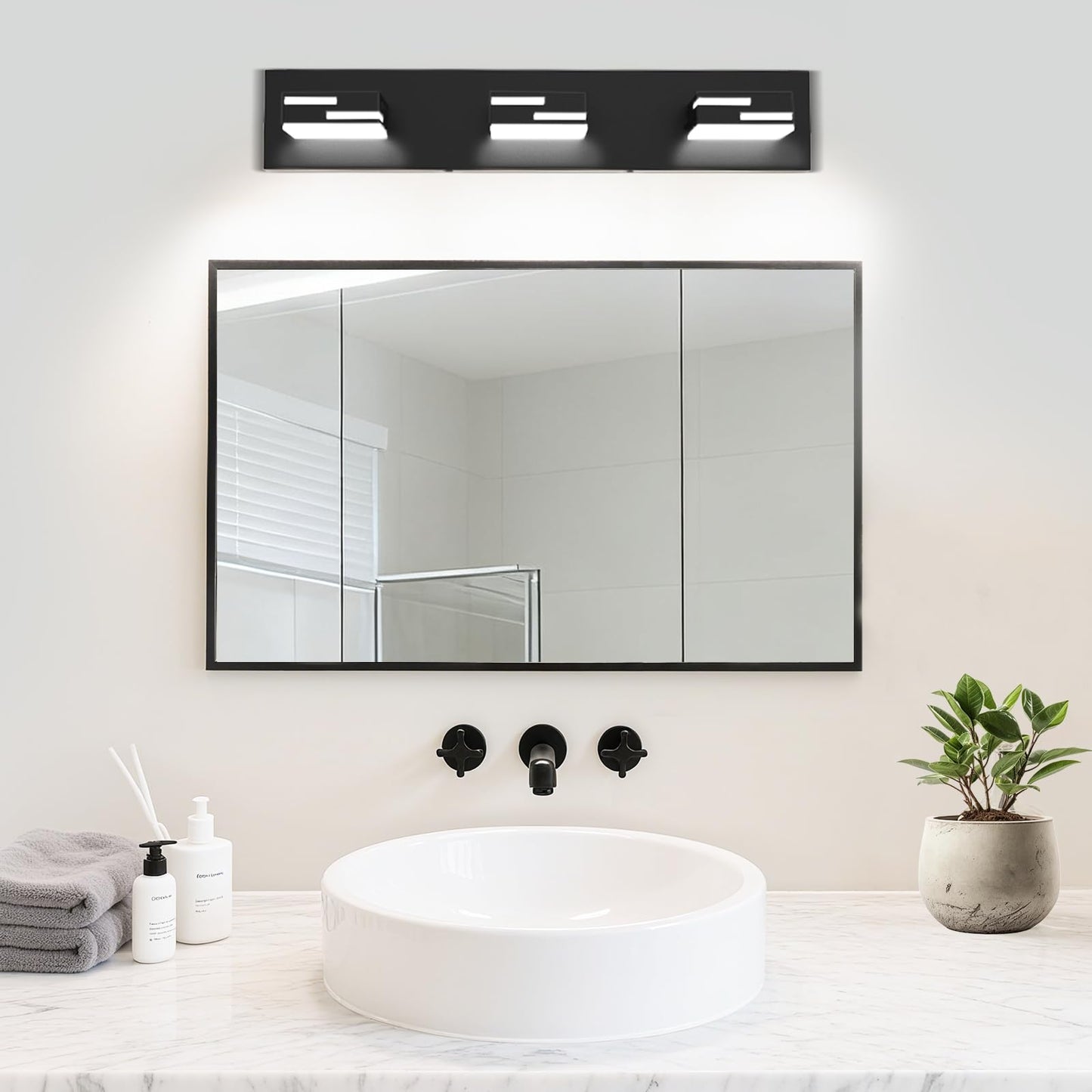 Lkhf Led Modern Bathroom Vanity Light Fixtures  3-Light 22-Inch Dimmable Matte Black Vanity Lights For Bathroom Lighting Fixtures Over Mirror  With 350?Rotatable Acrylic Heads (Cool White 6000K)