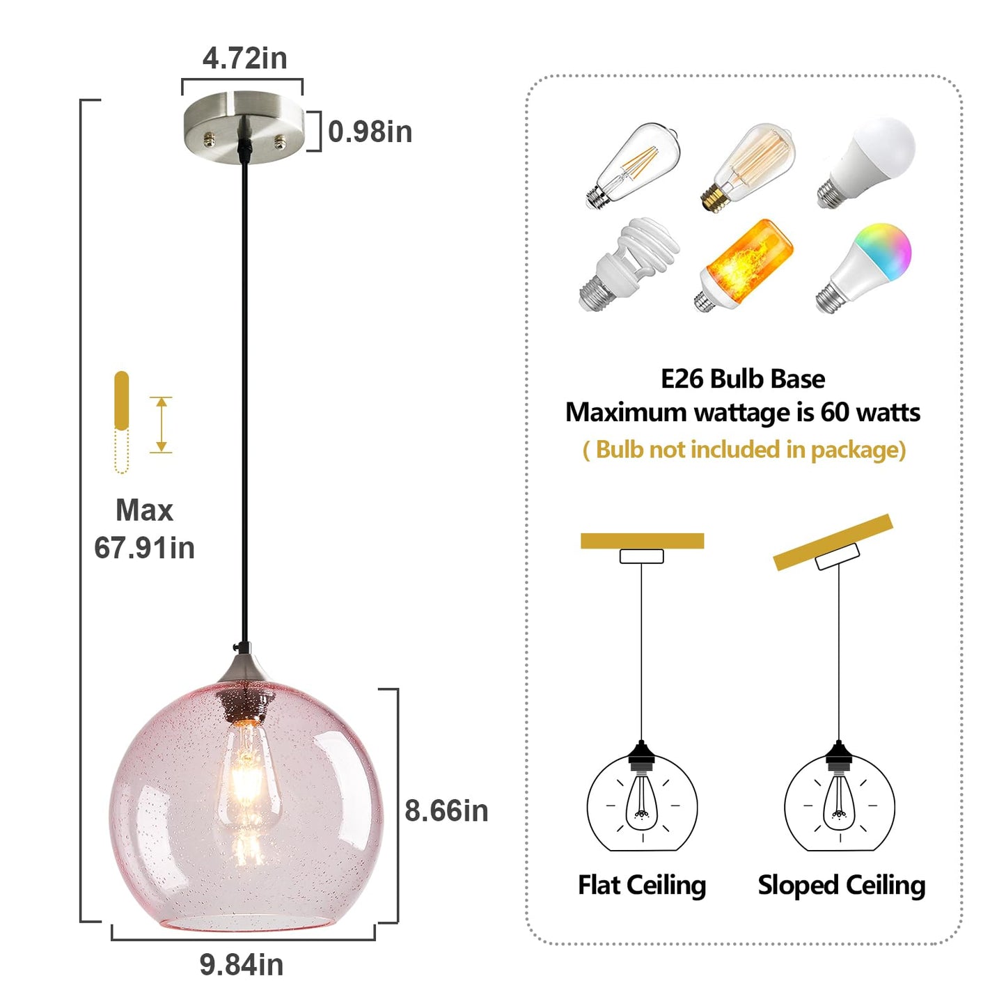 Lbsqj Pink Glass Pendant Lights Kitchen Island Globe Pendant Light Fixtures Modern Pendant Lighting For Bedroom Living Dining Room Light Fixture (9.84 In  1 Pack)