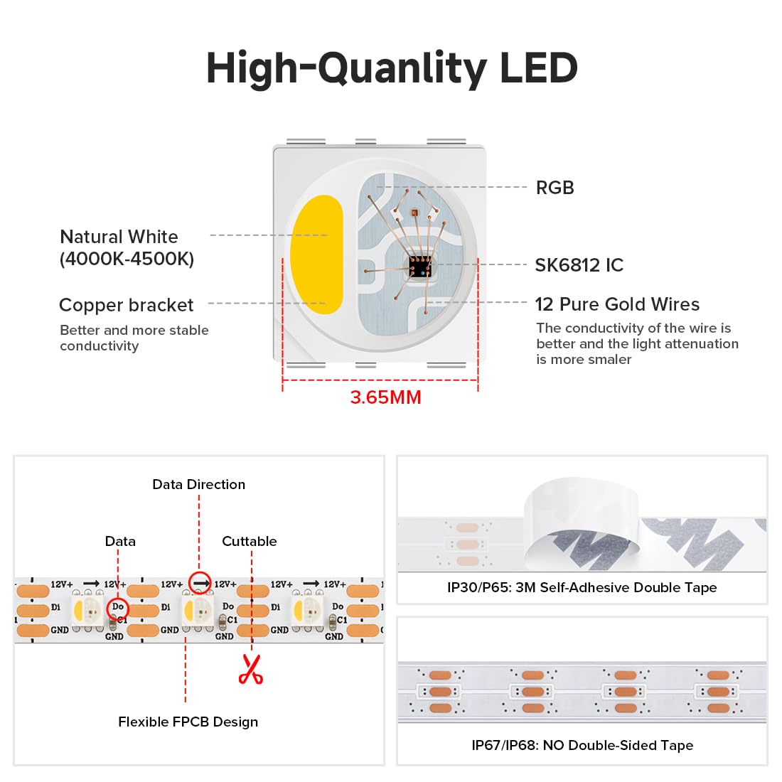 Btf-Lighting Sk6812(Similar Ws2812B) Rgbw Rgb+Natural White(4000K) Individually Addressable Dc12V 16.4Ft 60Led/M 4 Color In 1 Light Dream Color Led Strip Ip68 White Pcb(No Adapter Or Controller)