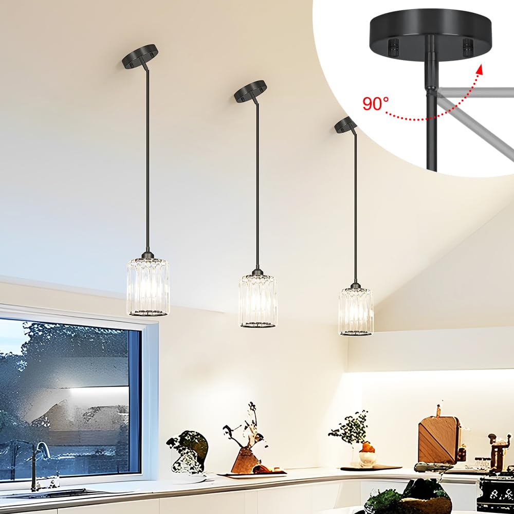 Lxybcce Black Kitchen Pendant Lights Over Island With Adjustable Rods - Crystal Pendant Lighting Fixtures 3 Pack  Ideal Over Dining Table Or Bar  E26 Bulb Compatible  No Electrician Needed