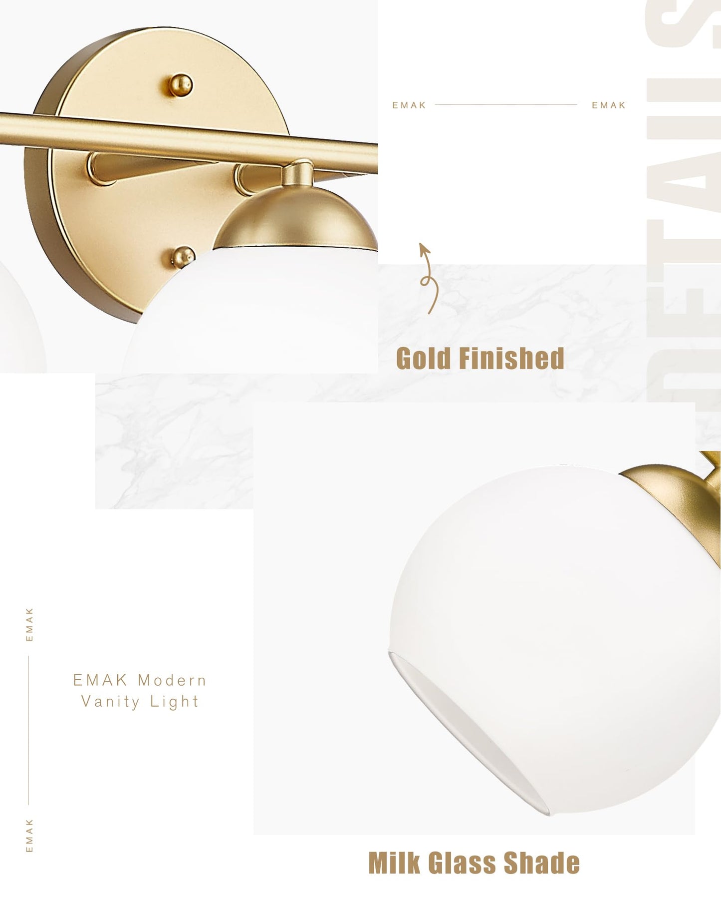 Emak 37 Inch Globe Bathroom Lighting Fixtures Over Mirror  Gold Vanity Lights With Milk Glass Shade  Modern 5-Light Bathroom Vanity Light For Mirror  Vl114-Gd-Ml-5