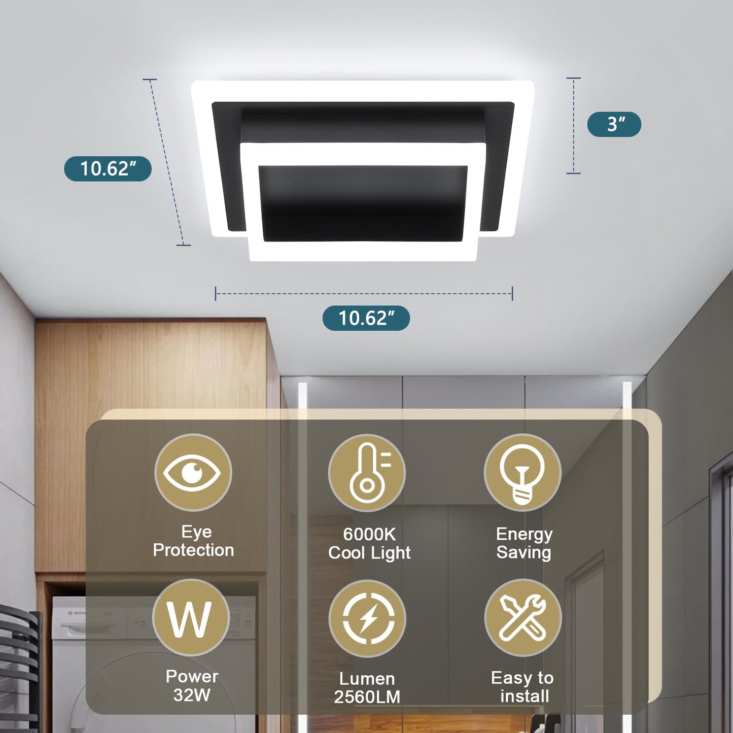 Eidisuny Modern Led Ceiling Light  Hallway Flush Mount Ceiling Light  32W  6000K  Black Square Hallway Lighting Fixtures For Living Room Kitchen Bedroom (Black)