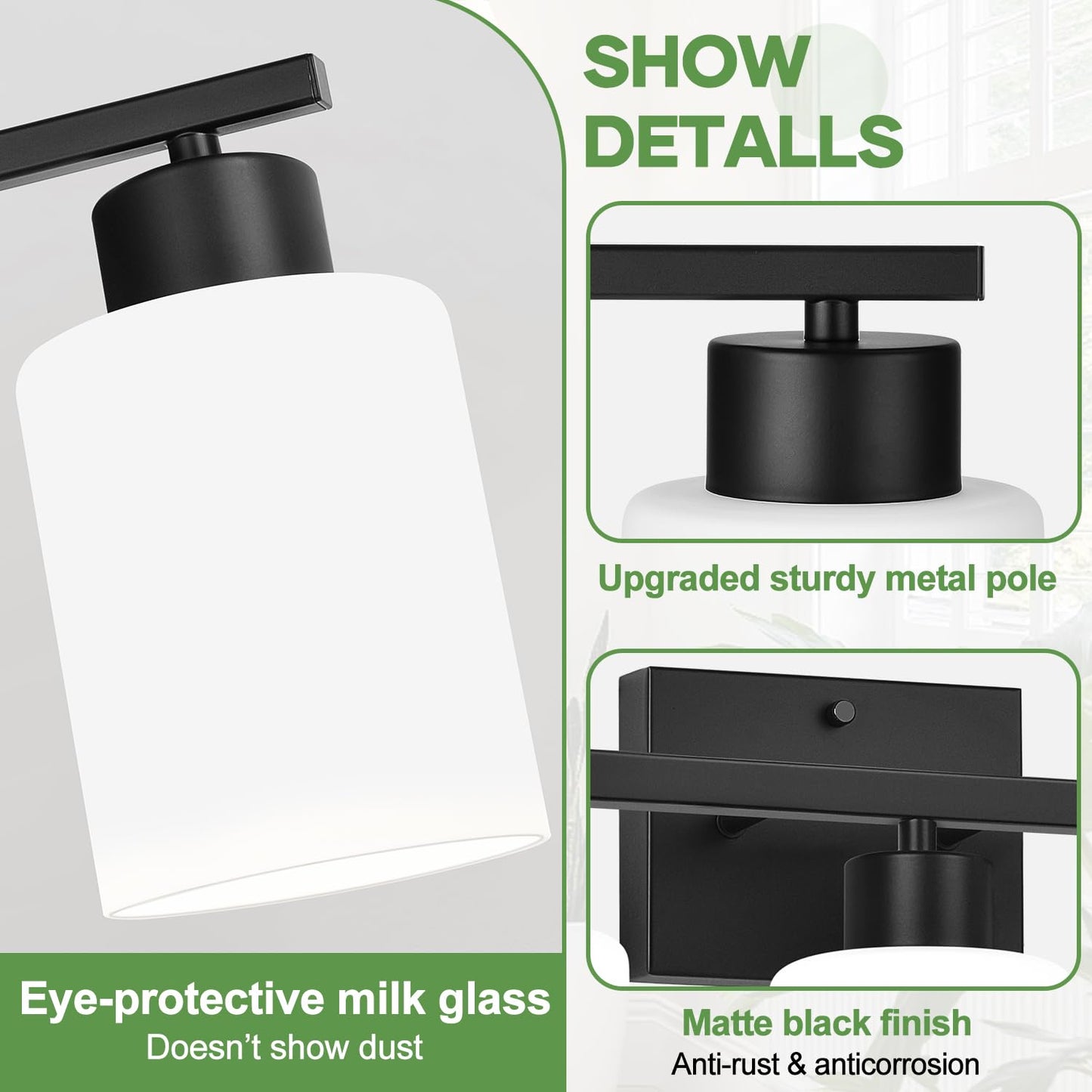 Meybiok 3-Light Bathroom Light Fixtures  Black Vanity Lighting Fixtures With Milky White Frosted Glass Shades  Bathroom Wall Lamp With E26 Socket  For Mirror  Living Room  Bedroom