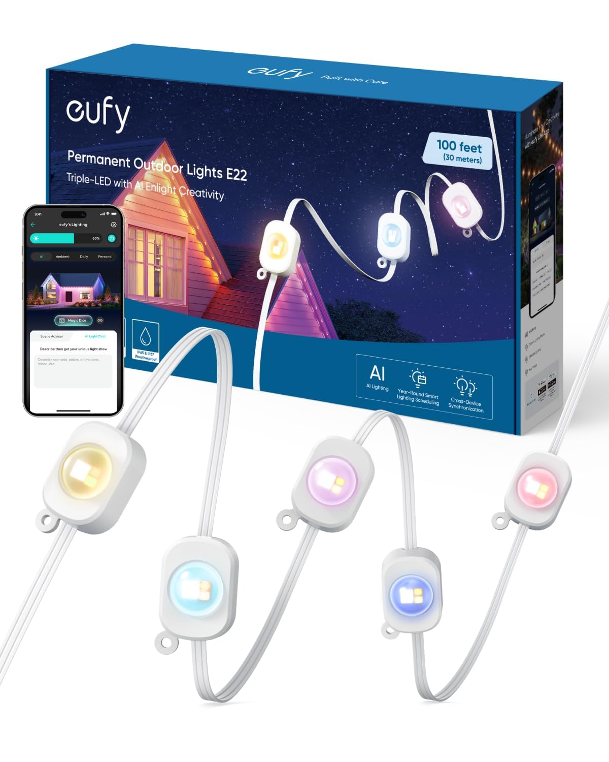 Eufy Permanent Outdoor Lights E22  50Ft With 30 Triple-Led Lights  Smart Rgbww For Christmas  Daily And Holiday  Ip67 Waterproof  Ai Lighting Themes For Christmas Decorations  Links With Cameras