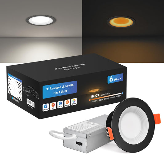 Cycevsun Black 3 Inch Recessed Led Lights  Switchable Night Light & Main Light  5 Color Temperatures 2700K-5000K  Dimmable Canless Downlight For Cozy Home Lighting  6W/2W  Etl  6 Pack