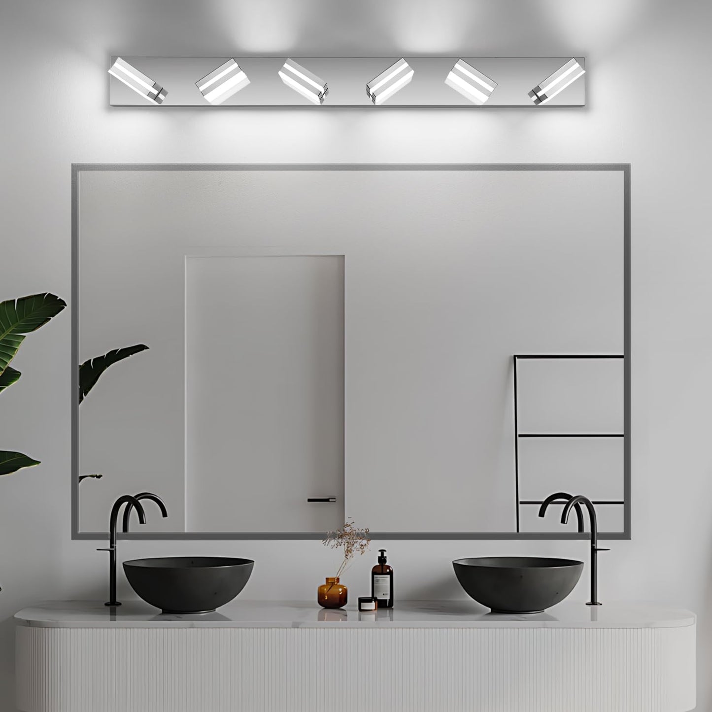 Jzekvn Modern Led Bathroom Lights Fixtures(6-Light) Stainless Steel Chrome Acrylic Wall Lighting Vanity Lights For Bathroom Over Mirror(6000K 41In